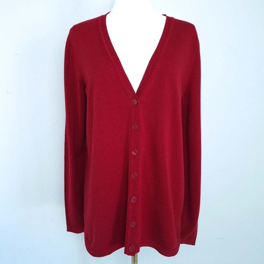 Talbots Boyfriend Button Front Shirttail Cotton & Rayon Long Cardigan